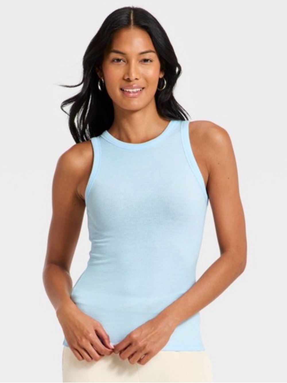 Light Blue Fitted High Neck Tank Top Fall Layering Basic
